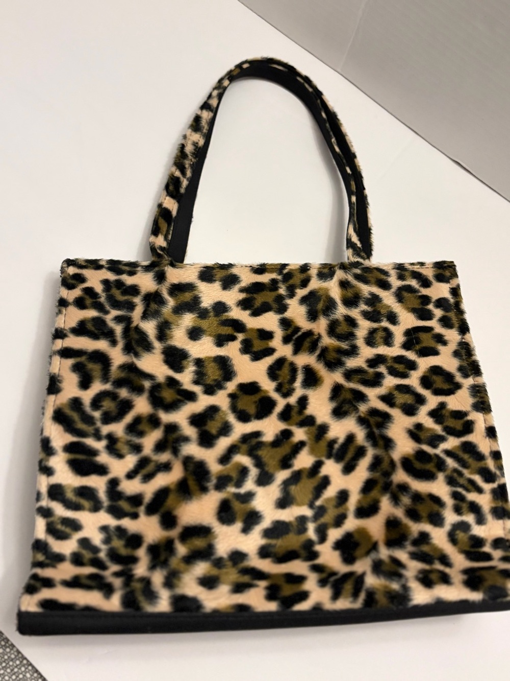 Leopard Print Faux Fur Tote Bag - Beige/Black